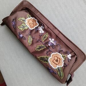 Avon Brown Satin Floral Beaded Clutch embroidered sequin evening bag vtg Y2K